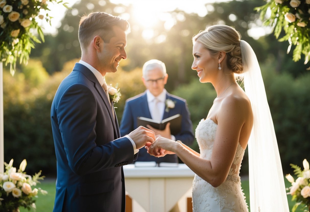 A bride and groom stand facing each other, exchanging rings on a sunlit altar