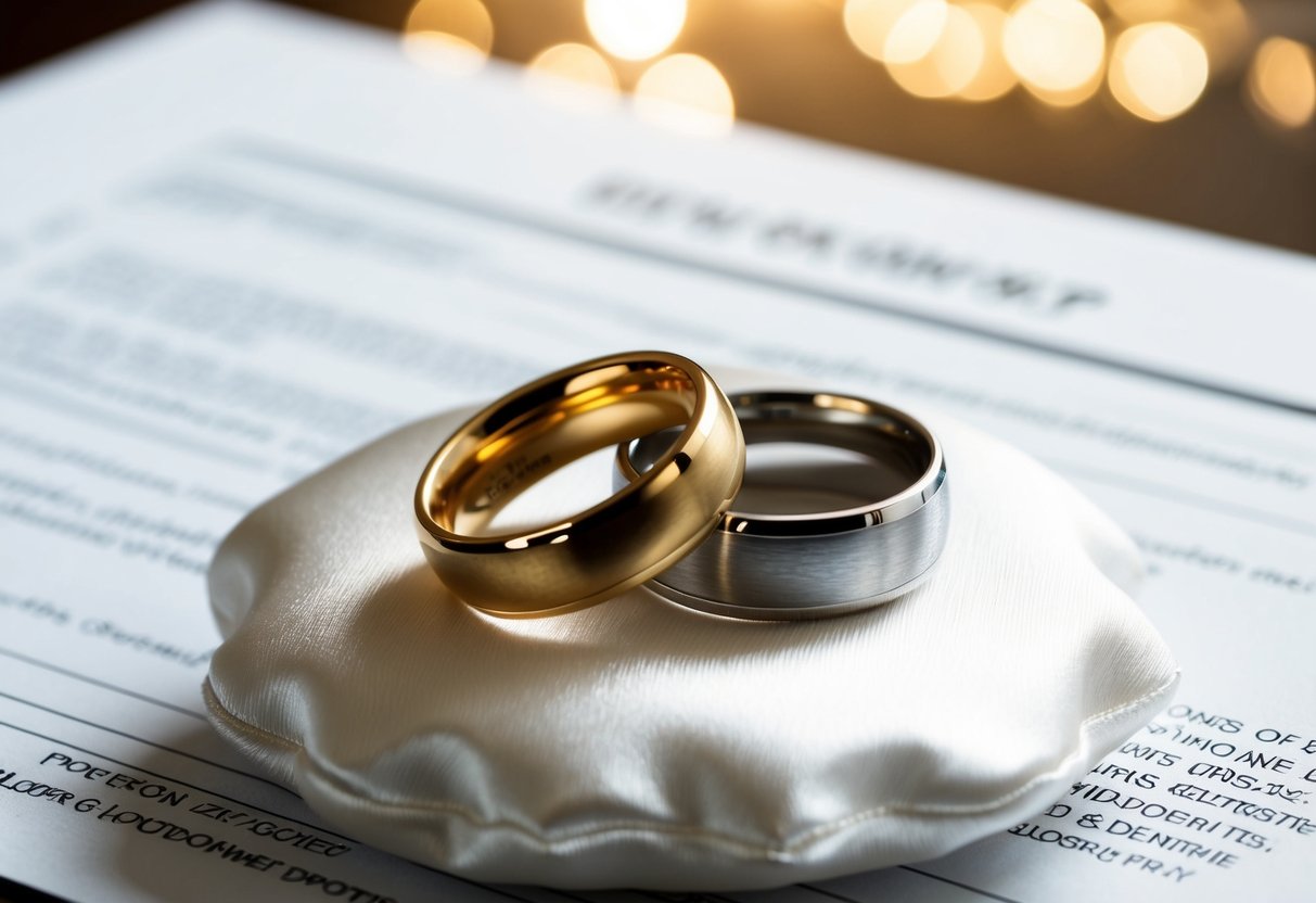 A table with two wedding rings, one gold and one silver, placed on a white satin cushion. A legal document is visible in the background