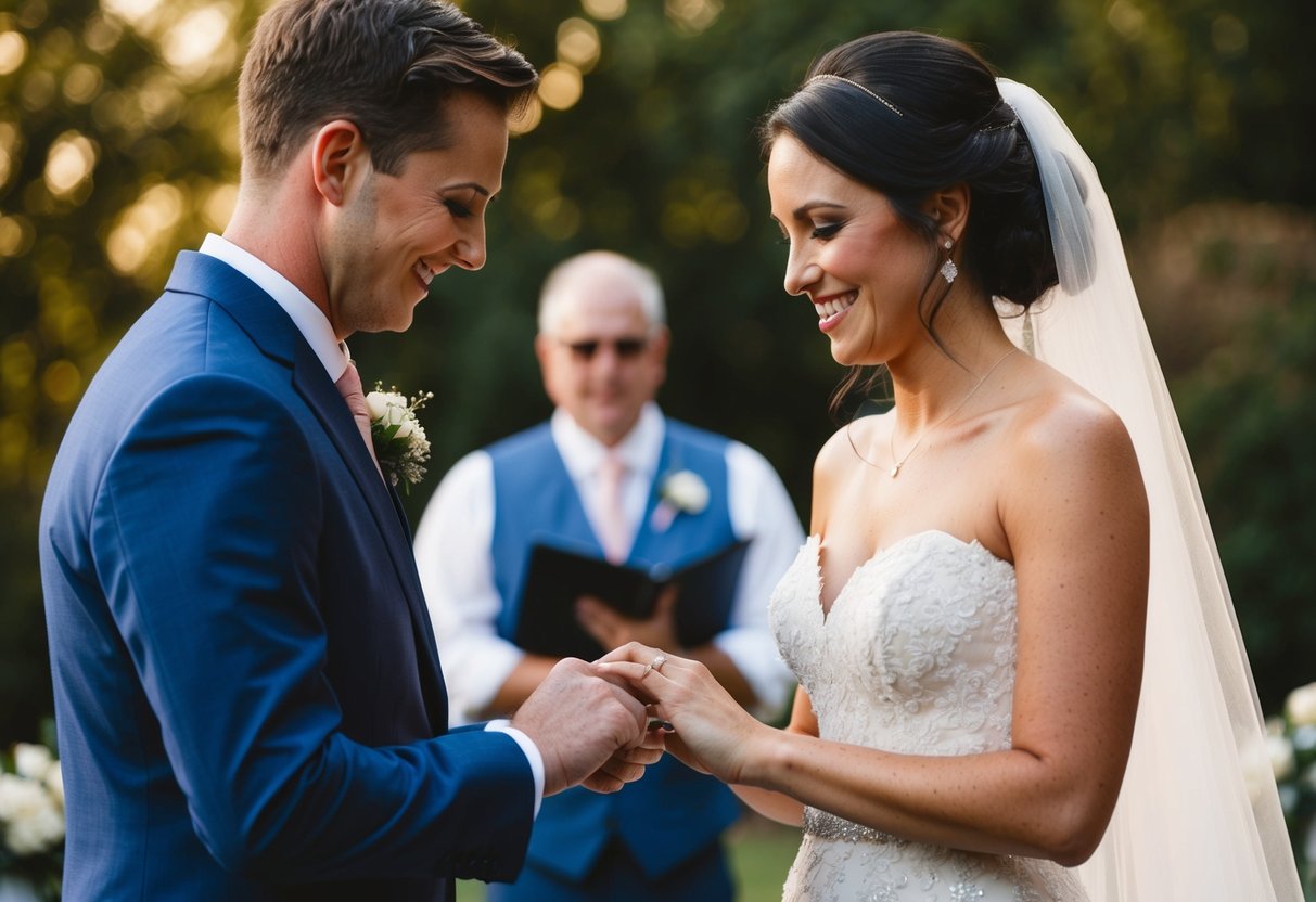 A bride and groom exchanging rings at a wedding ceremony