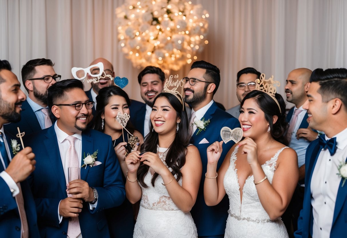 Guests mingle around a beautifully decorated photo booth, taking turns capturing memories with props and silly poses at the wedding reception