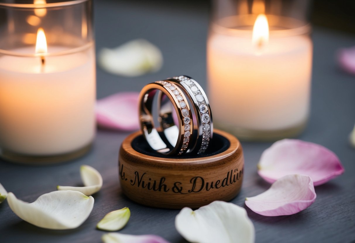 A couple's intertwined wedding rings resting on a personalized wooden ring holder, surrounded by delicate flower petals and soft candlelight
