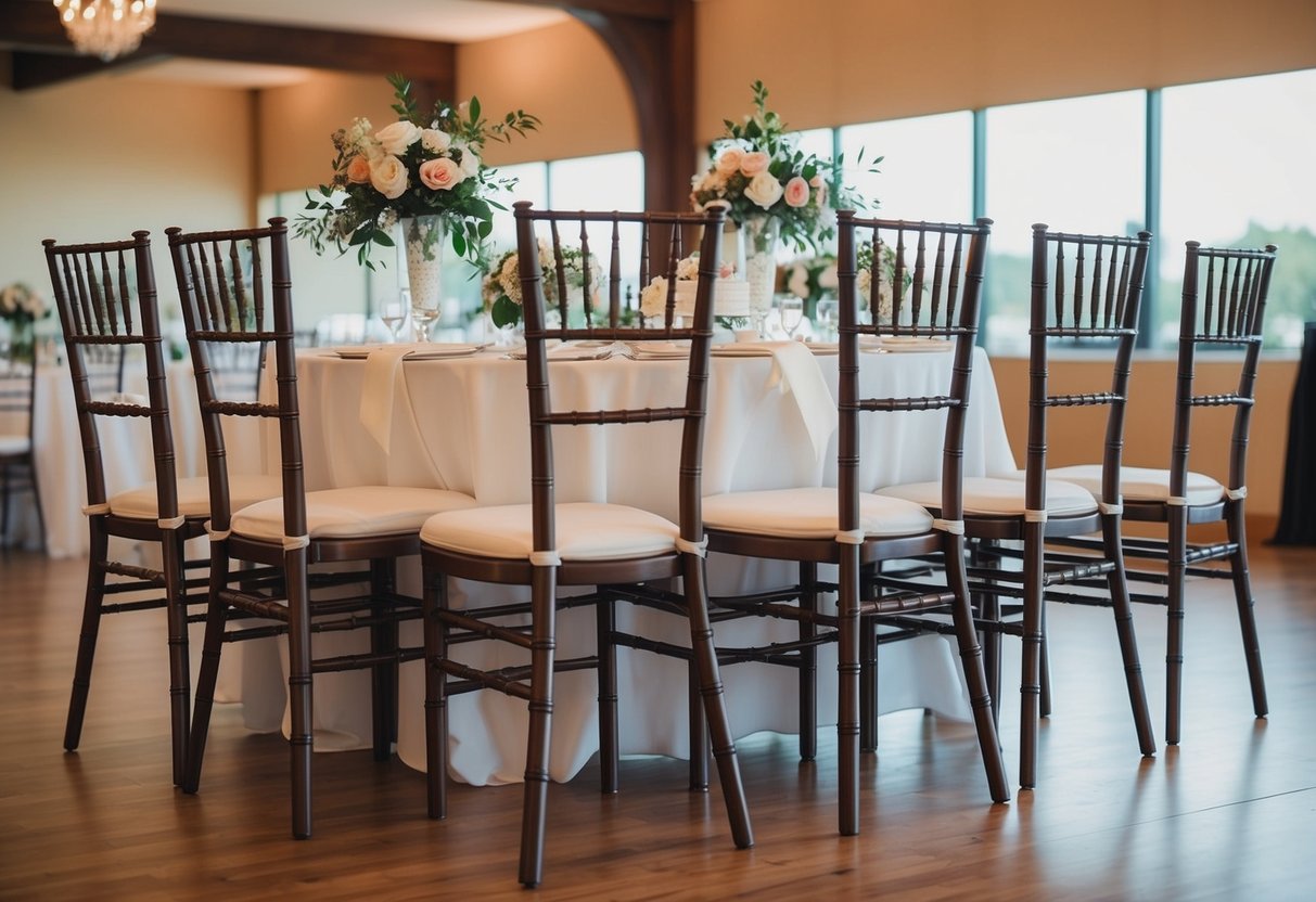 Empty chairs at a decorated wedding venue. Flowers wilt, cake untouched