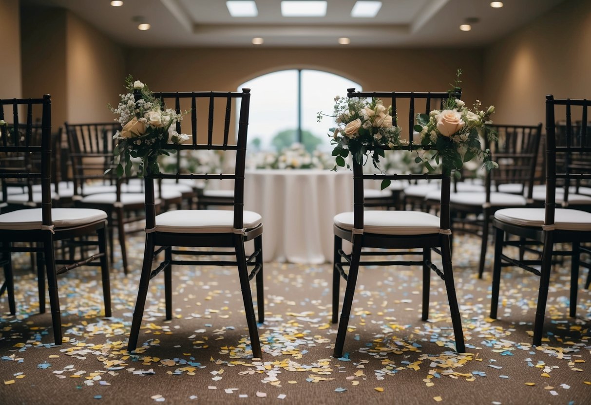 Empty chairs, scattered confetti, and wilting flowers at the deserted wedding venue