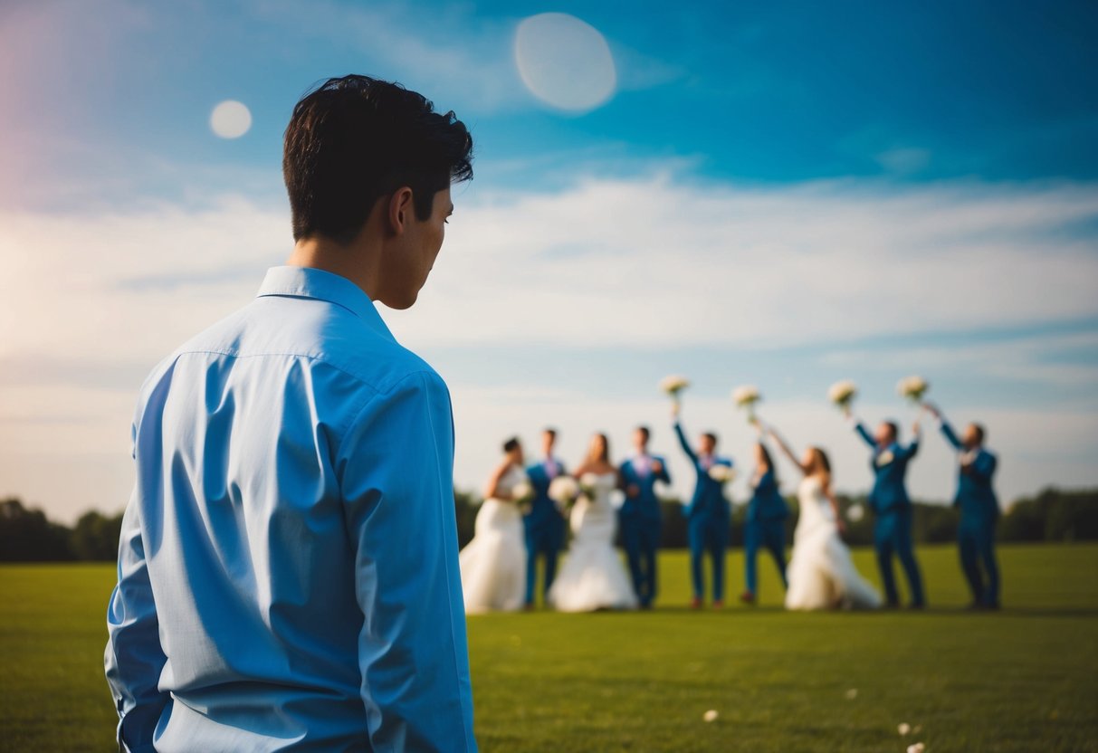 A person stands alone, looking at a wedding party in the distance, with a disappointed expression on their face. The wedding party seems to be celebrating without them