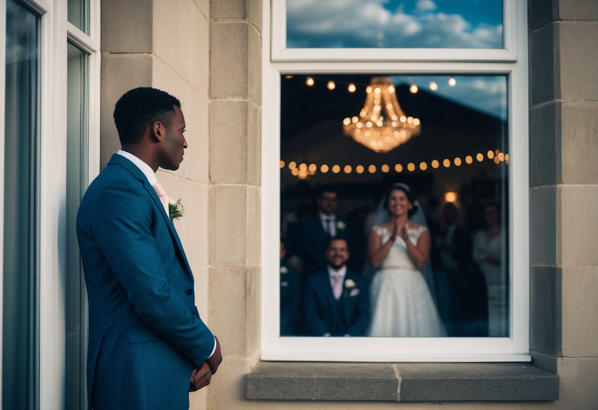 A lone figure stands outside a wedding venue, looking through the window at the joyful celebration within, with a mix of longing and regret on their face