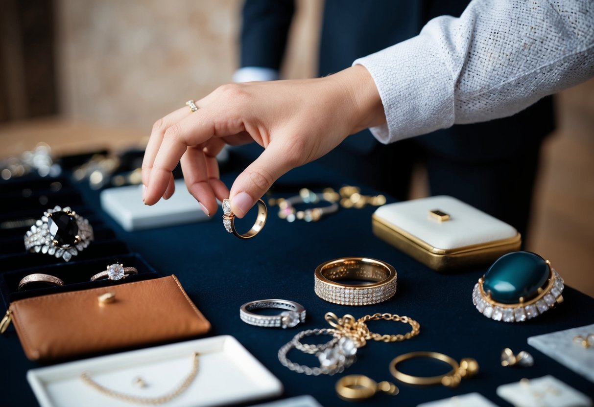 A hand reaching for a ring on a table, surrounded by various other jewelry and accessories