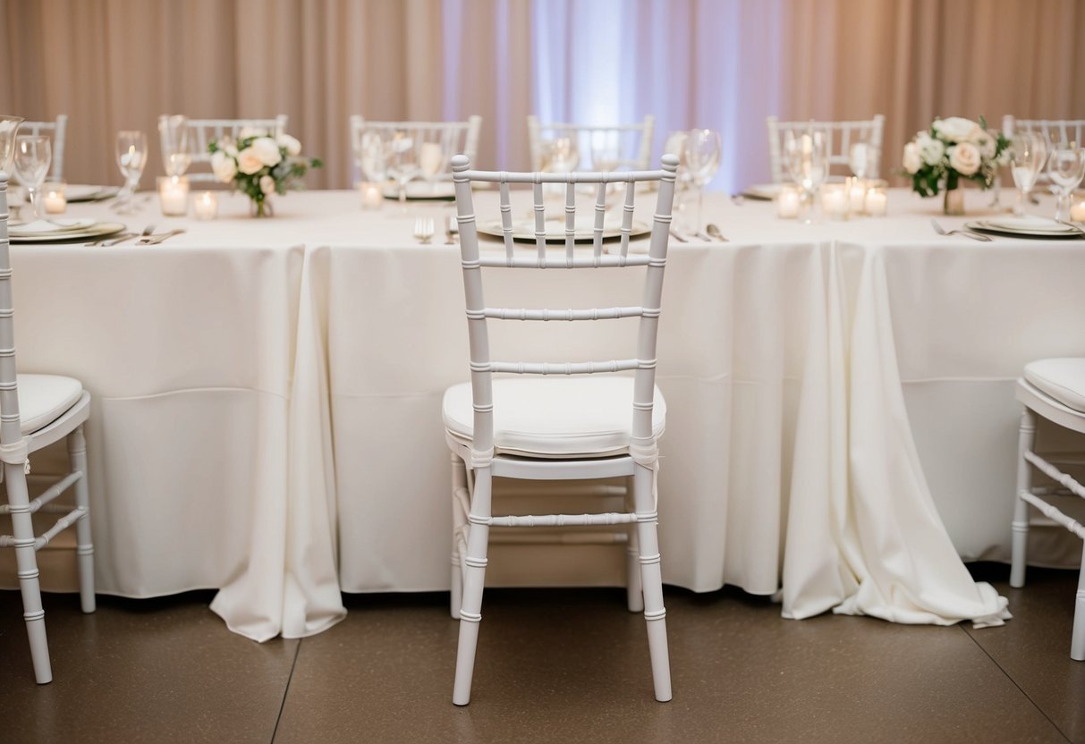 A single empty chair at a beautifully decorated wedding reception table, with a place setting and a small bouquet of flowers