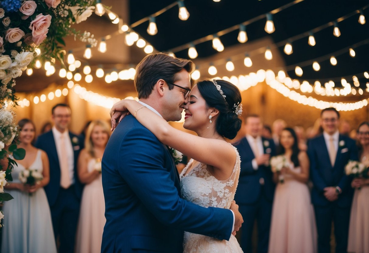 Two figures embrace in a tender moment amidst the celebration, surrounded by flowers and twinkling lights