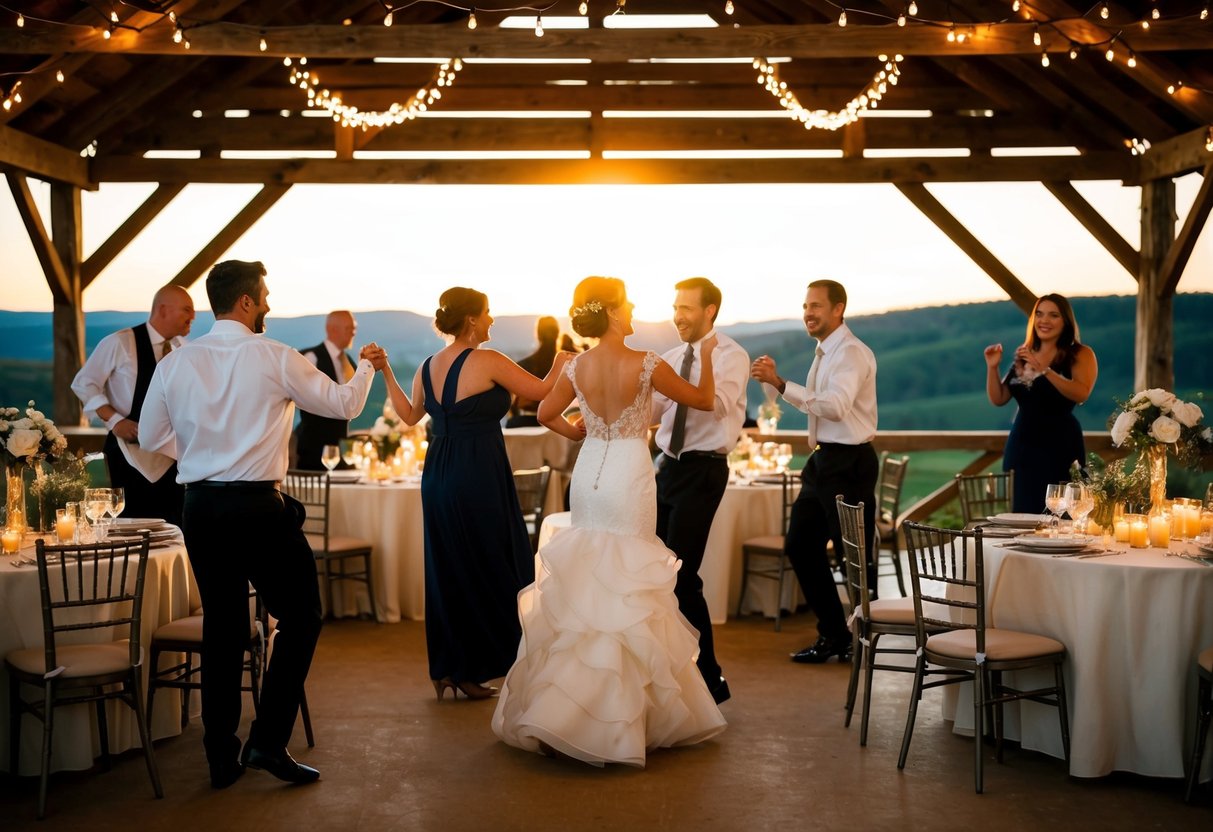 Guests dancing under twinkling lights in a rustic barn, with tables adorned in flowers and candles, as the sun sets over rolling hills