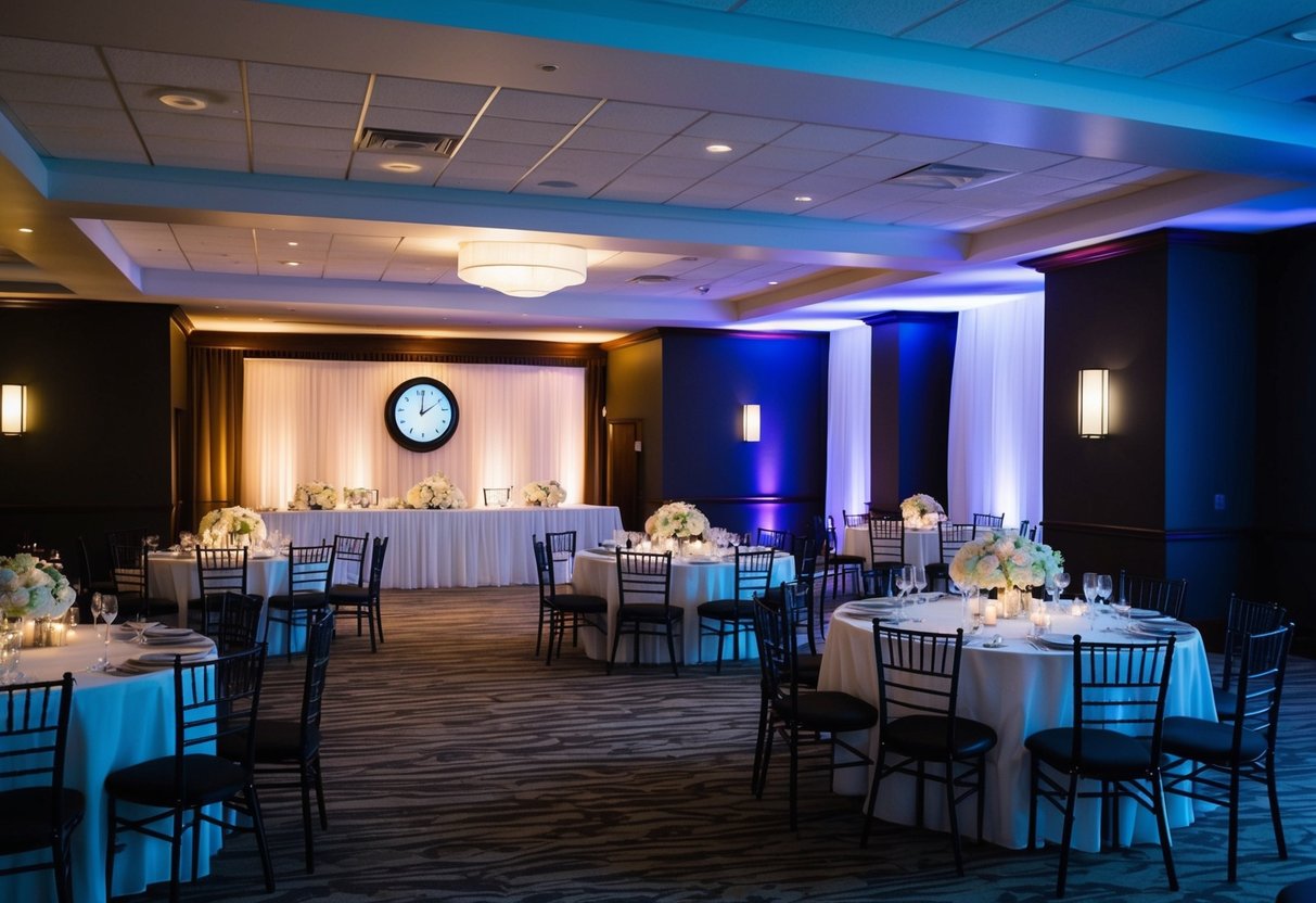A wedding reception venue with empty tables and chairs, dim lighting, and a clock showing the time at 3 hours