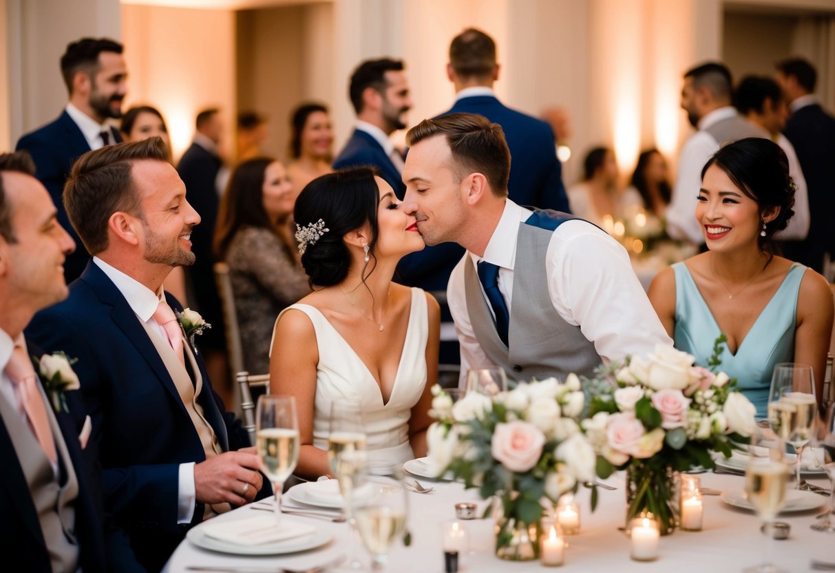 Guests mingle, some steal kisses, while others chat and laugh. Tables are adorned with elegant centerpieces and soft lighting sets a romantic atmosphere