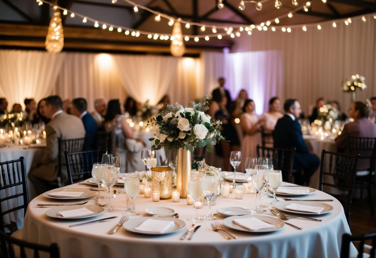 A cozy, intimate wedding reception with a small guest list, featuring a beautifully decorated space with elegant table settings and soft lighting