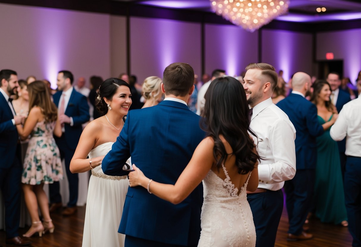 Guests mingling, dancing, and enjoying various activities at a lively wedding reception