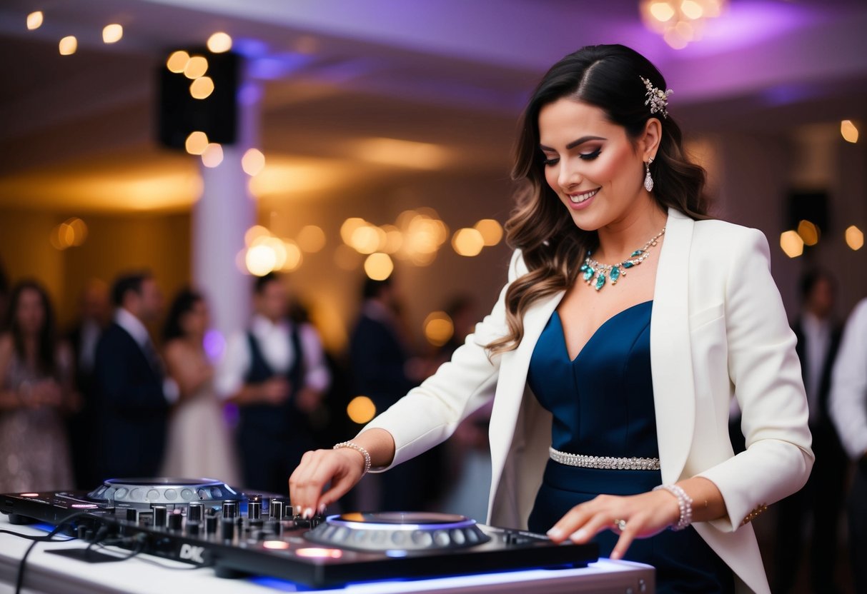 A female DJ wearing a stylish, elegant outfit while spinning music at a wedding reception