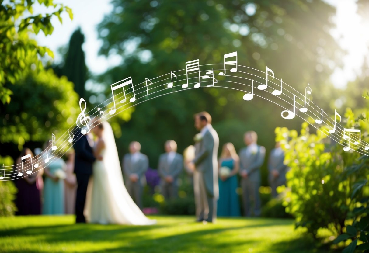 Soft music plays in a sunlit garden, setting a serene atmosphere for the upcoming wedding ceremony