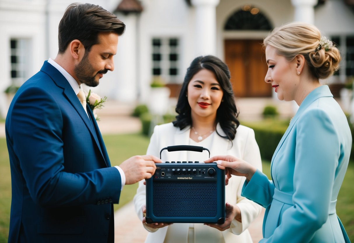 A couple stands in front of a wedding venue, listening to different music options on a portable speaker. They appear to be discussing the length of time each song should play before the ceremony