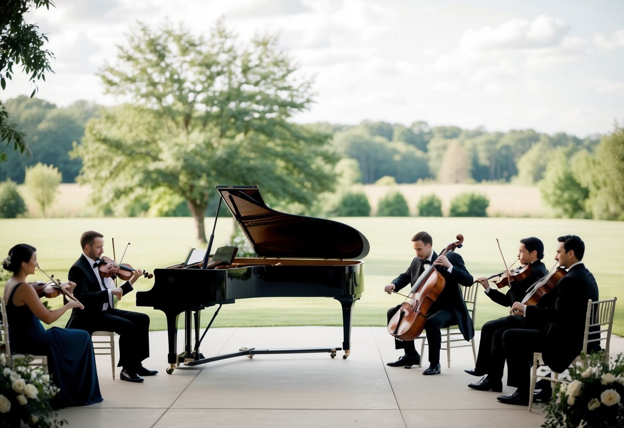 A serene outdoor wedding venue with a grand piano and string quartet setting up for a pre-ceremony music performance