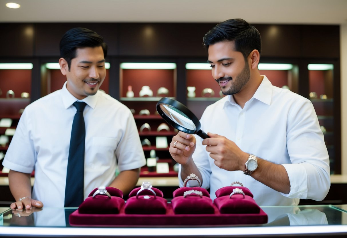 A man standing at a jewelry store counter, examining a variety of wedding rings displayed on a velvet cushion. The salesperson standing across from him, holding a magnifying glass to inspect a ring