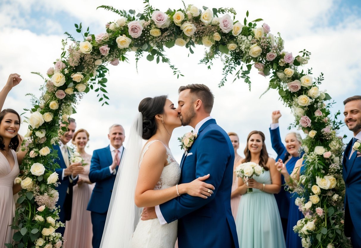 A newlywed couple standing beneath a floral arch, eyes closed, leaning in for their first kiss as husband and wife, surrounded by cheering guests