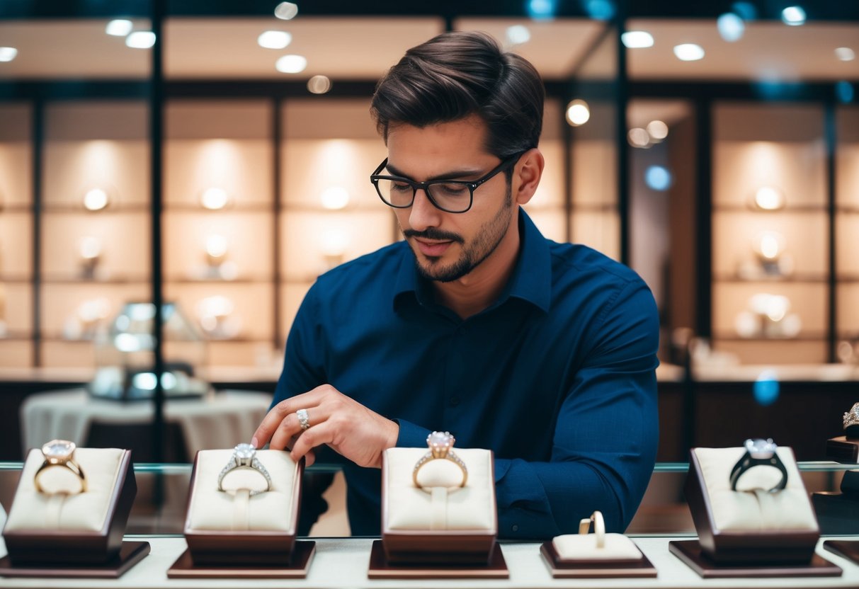 A man browsing through a display of wedding rings in a jewelry store, comparing different styles and price ranges