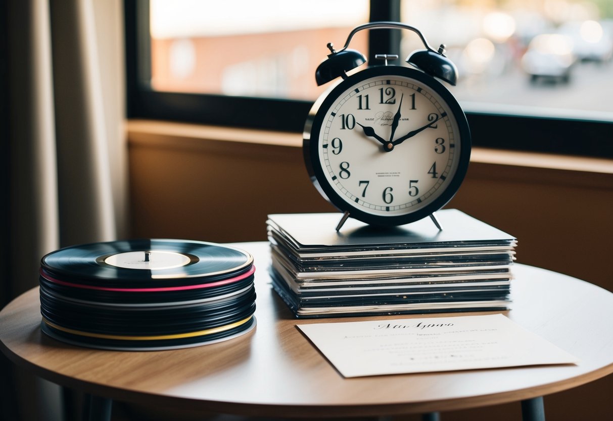 A table with a stack of vinyl records, a clock showing 5 hours, and a wedding invitation