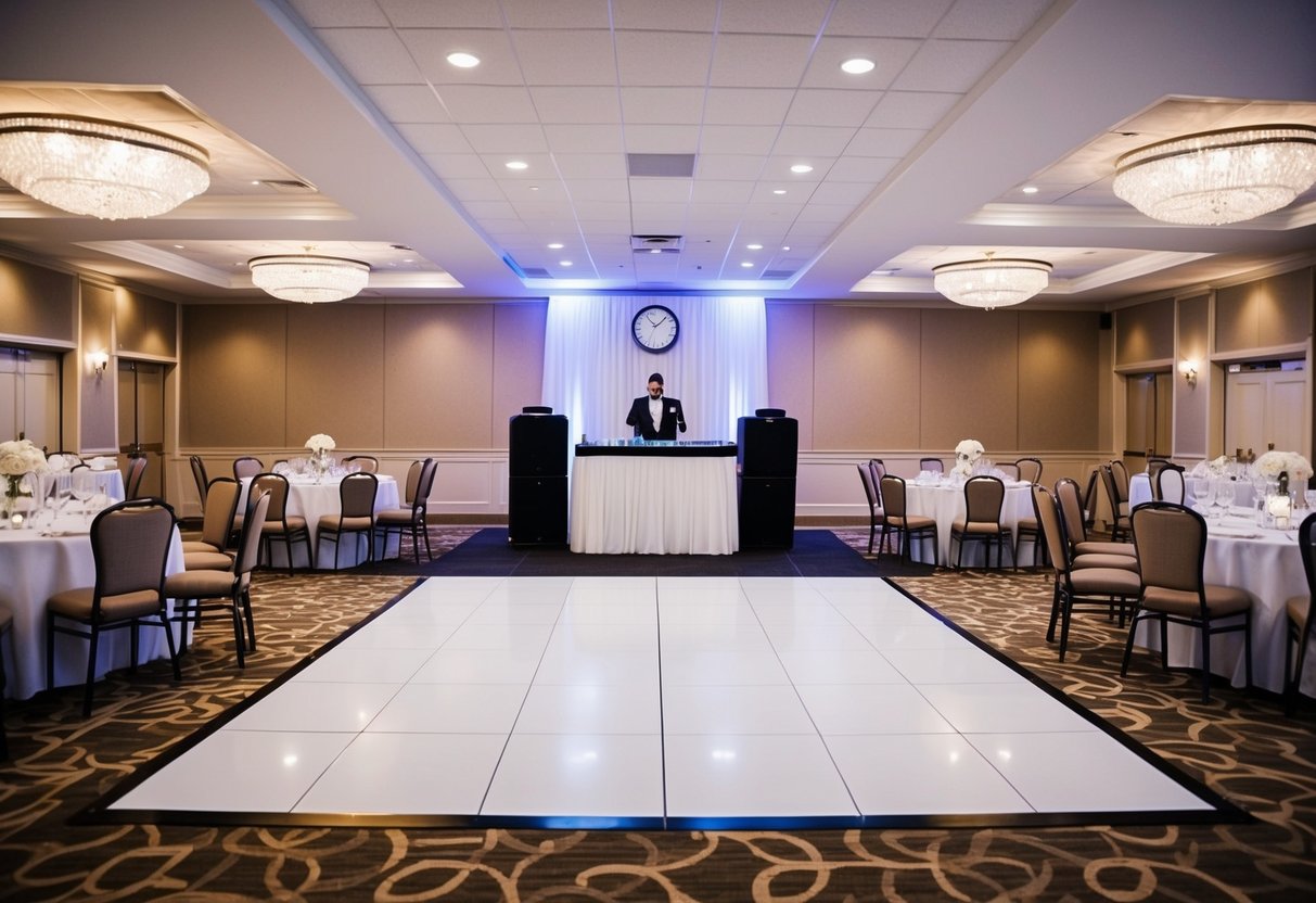 A wedding reception hall with a DJ booth and dance floor, surrounded by tables and chairs. A clock on the wall shows the passing hours