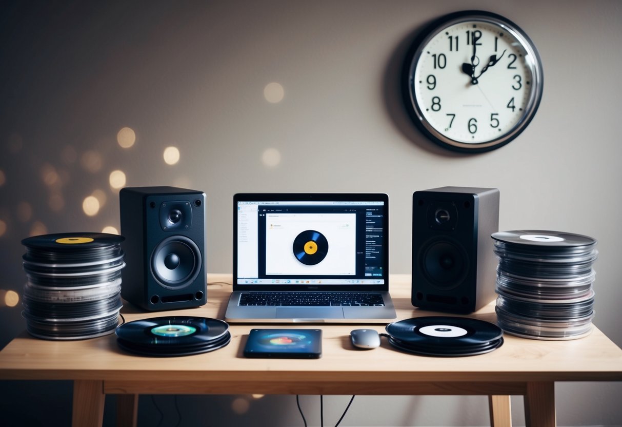 A table with a laptop and speakers, surrounded by piles of CDs and vinyl records. A clock on the wall shows the passage of time