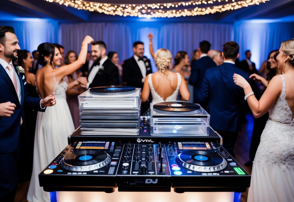 A DJ booth with a stack of vinyl records and a digital music controller, surrounded by dancing wedding guests under sparkling lights
