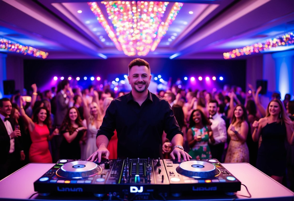 The DJ stands behind a sleek, illuminated booth, surrounded by colorful lights and a dance floor filled with joyful guests