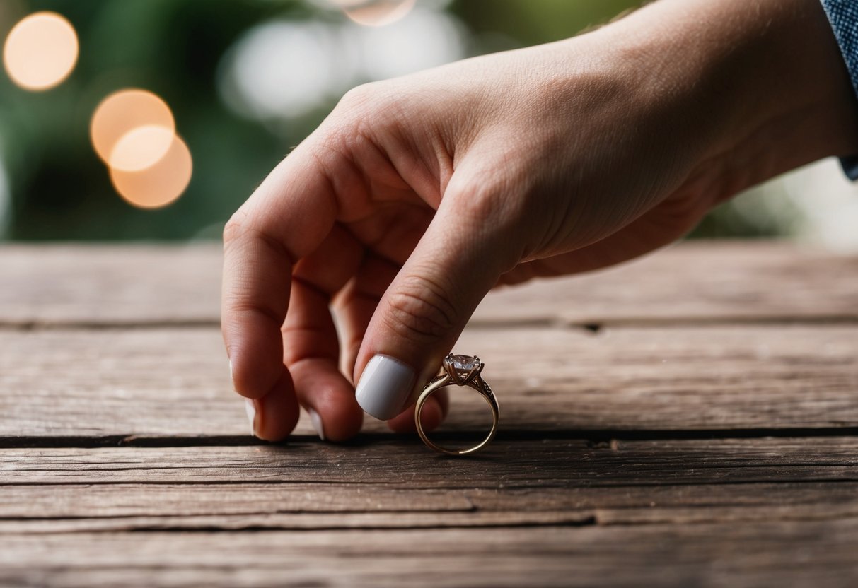 A hand placing a simple wedding ring on a rustic wooden surface