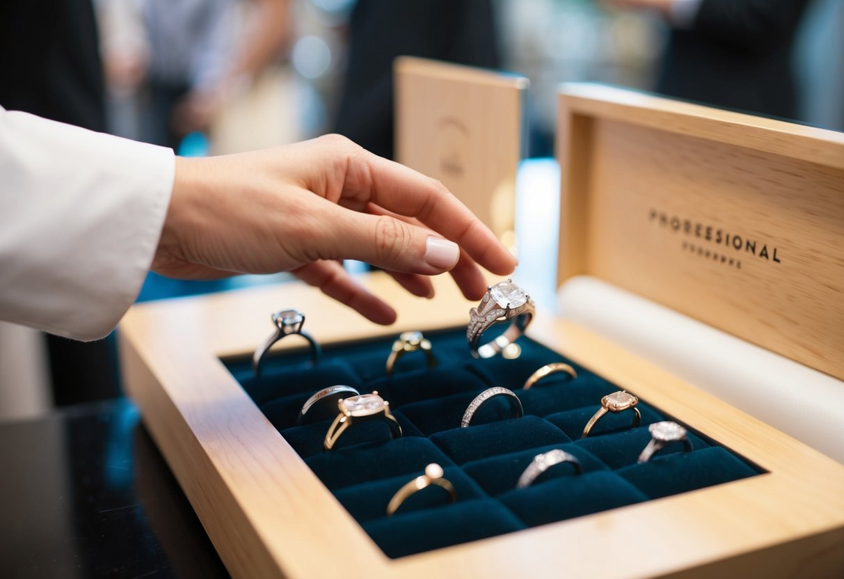 A hand reaching for a display of rings, with a mix of elegant and simple designs