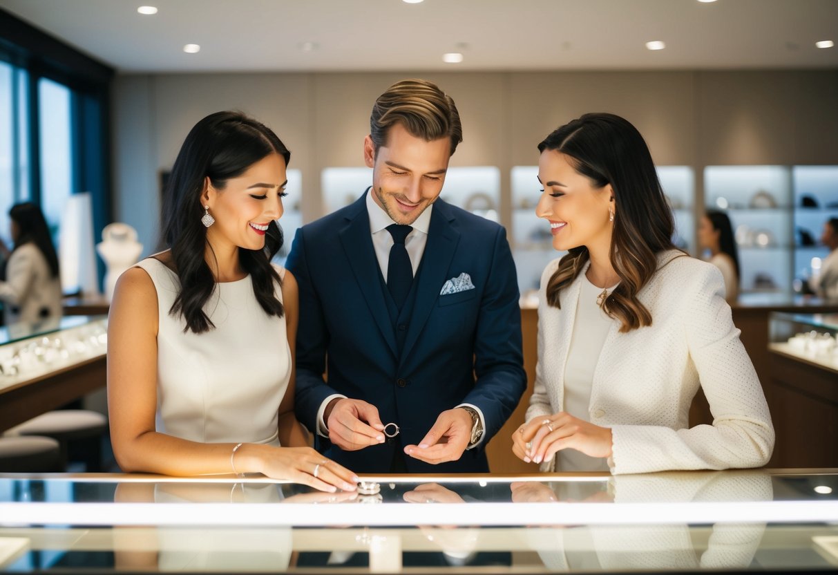 A man and woman stand at a jewelry counter, discussing and selecting wedding bands together. The jeweler presents different options for them to consider