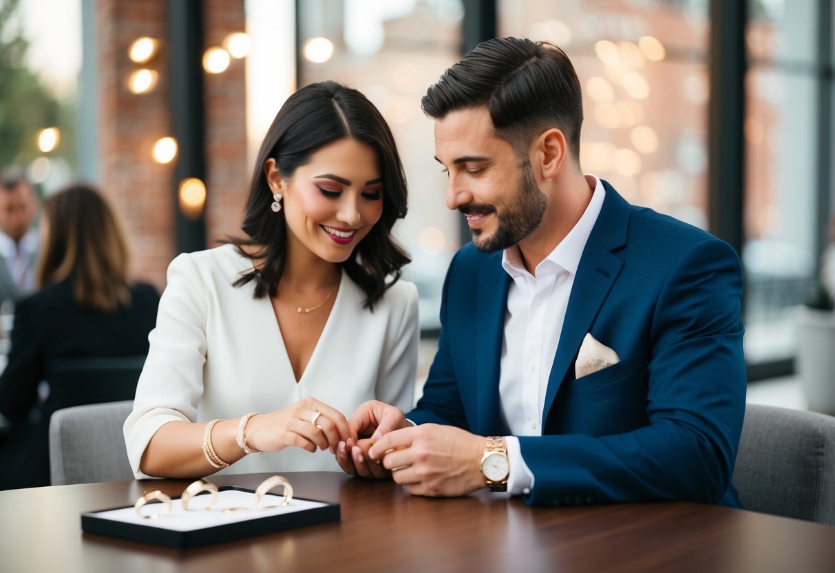A couple sitting at a table, discussing wedding band options and looking at different designs together