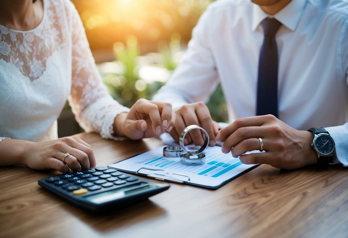 A couple sits at a table, discussing wedding plans. A set of wedding bands and a calculator are on the table. They appear to be sharing the financial responsibilities