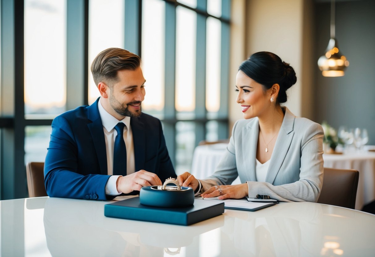 A couple sitting at a table with a wedding band displayed, consulting with a professional while making final decisions