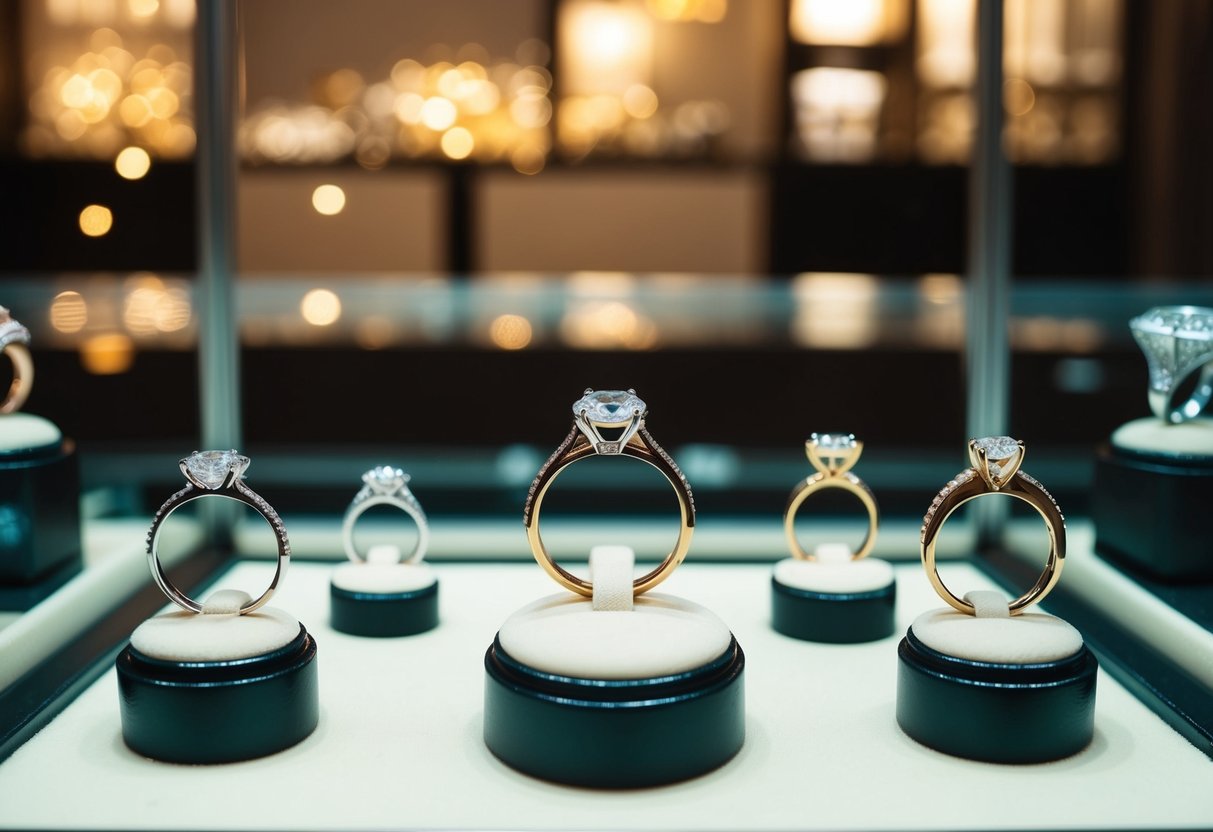 A jeweler's display case with various engagement rings in different styles and sizes