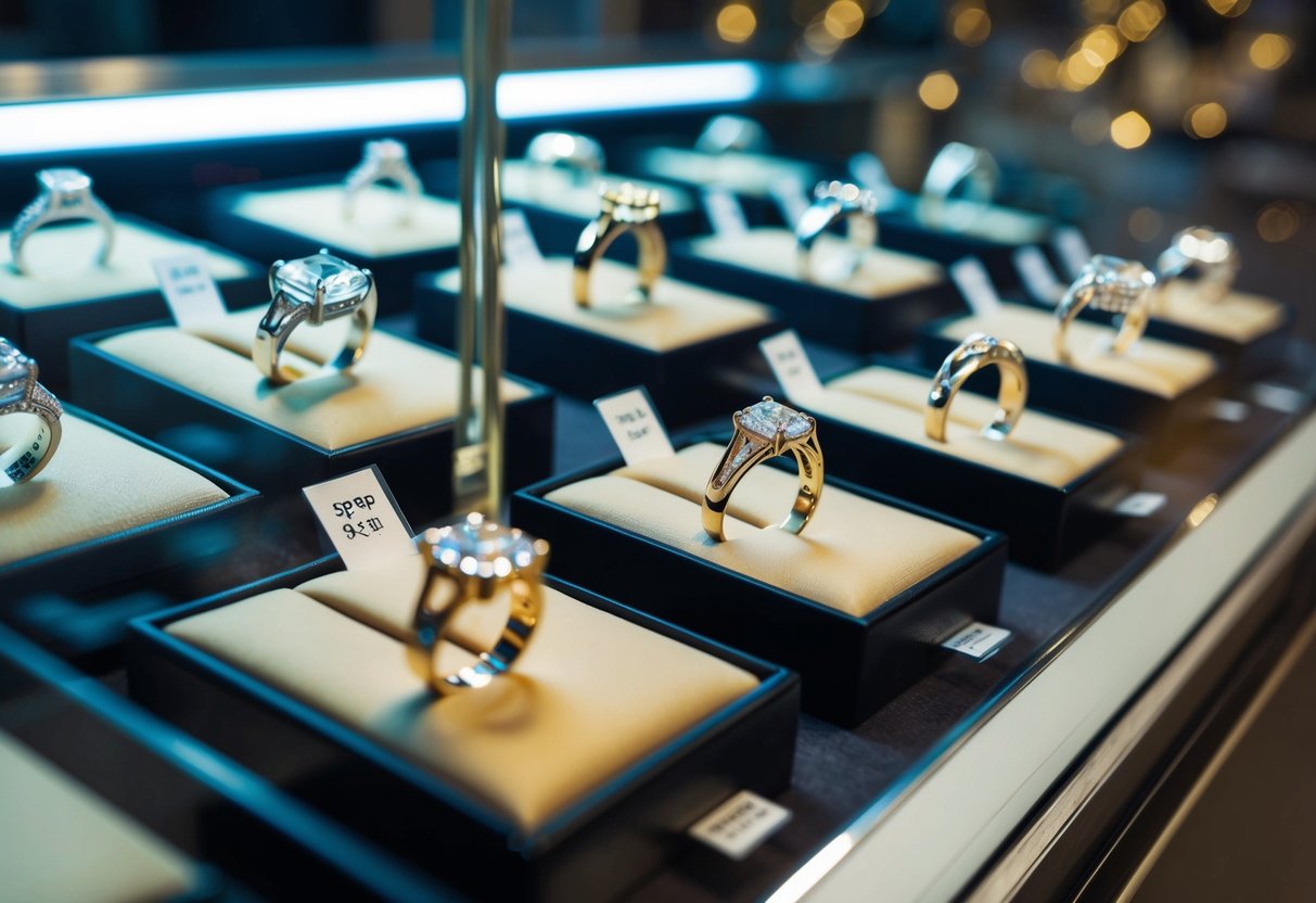 A jeweler's display case showcasing a variety of engagement rings in different styles and settings, with a price tag visible on each ring