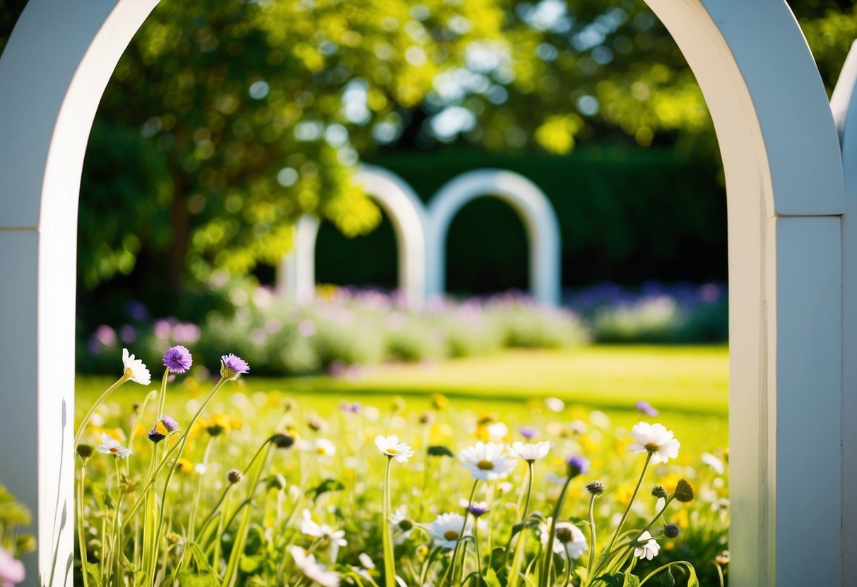 A sunlit garden with a white arch and scattered flowers