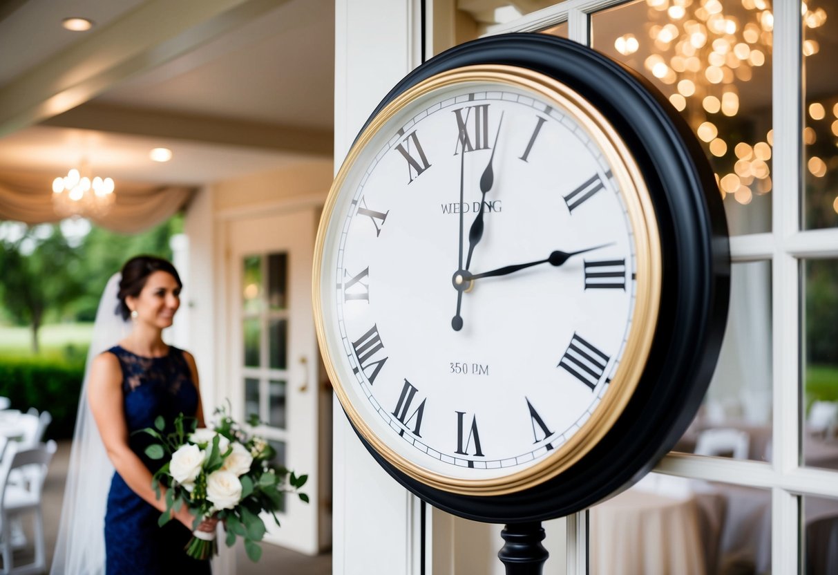 A clock showing the time of 3:00 pm with a bride standing outside a decorated venue