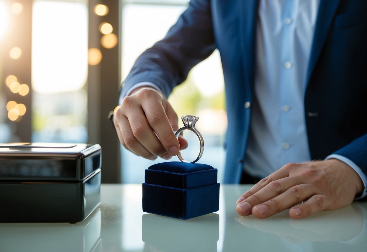 A man places a small velvet box on the counter, exchanging it for a gleaming wedding ring