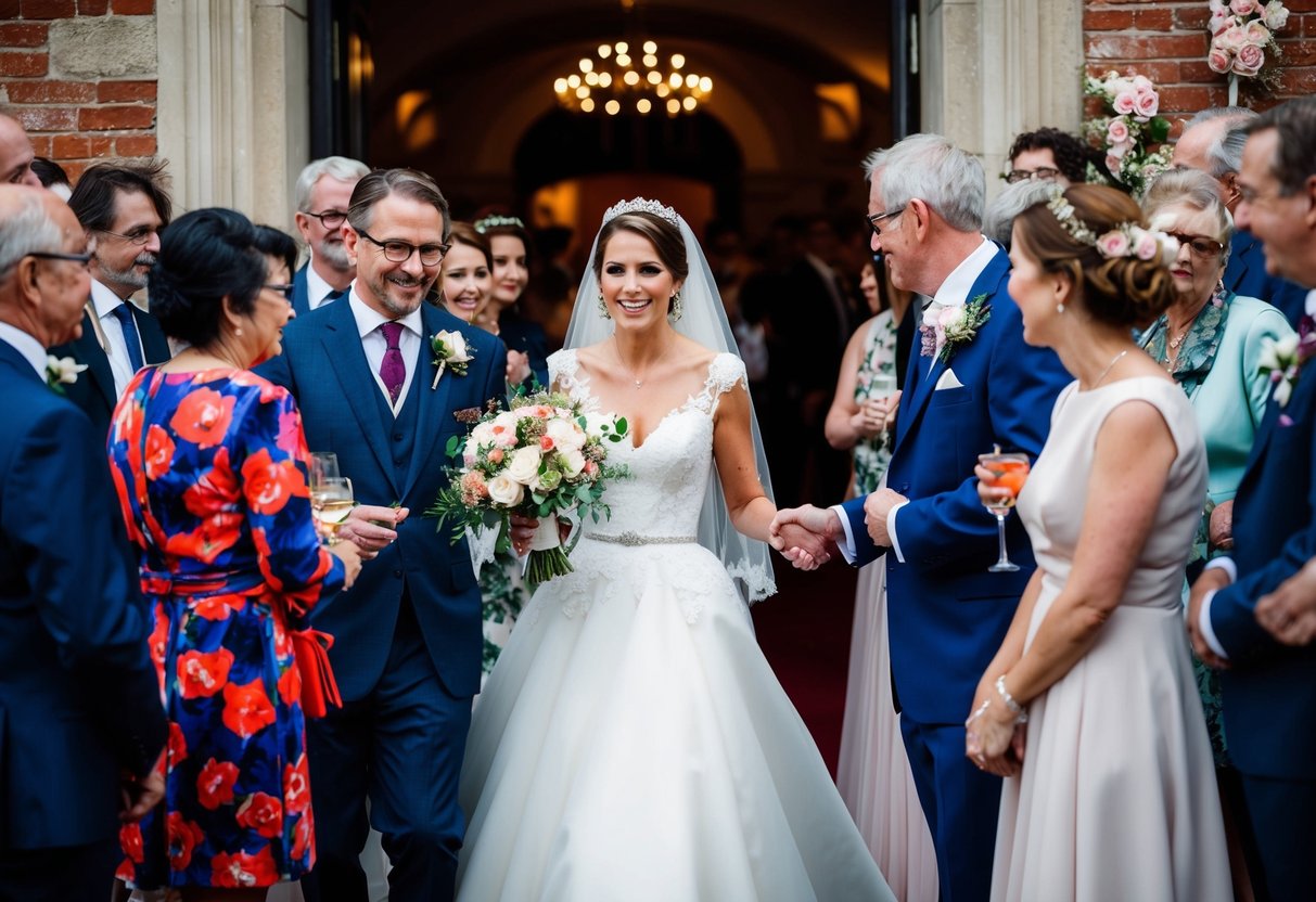 The bride arrives at her wedding, greeted by guests and adorned with flowers and ribbons