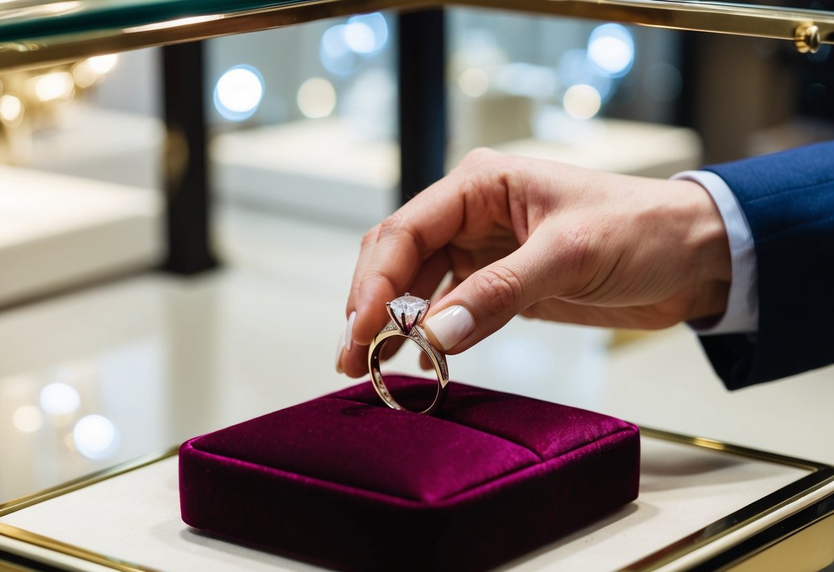 A hand placing a diamond ring on a velvet cushion in a jewelry store display case
