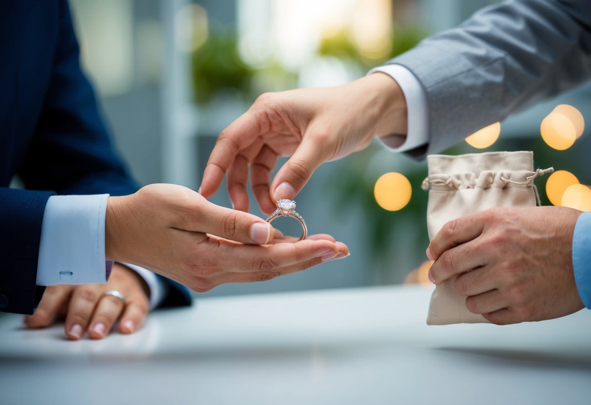 A hand reaching out to hand over a bag containing the woman's wedding ring to the buyer