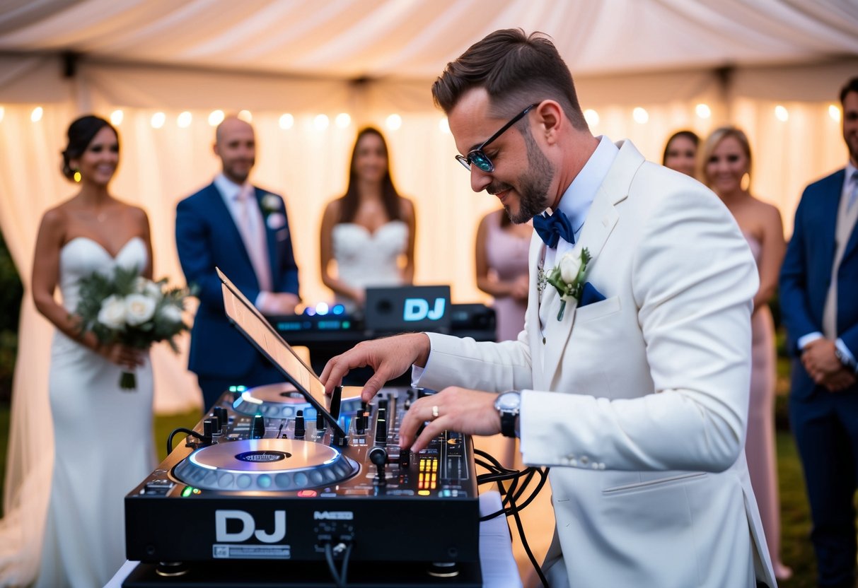 The DJ sets up equipment and plays music at the wedding ceremony, creating an atmosphere of celebration and joy