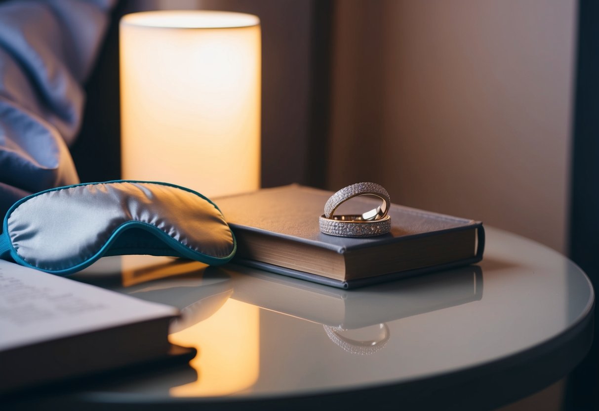 A wedding band rests on a bedside table next to a sleeping mask and a book, bathed in the soft glow of a bedside lamp