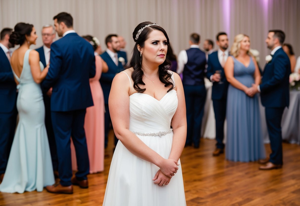 A bridesmaid stands alone at a wedding reception, surrounded by couples. She looks uncomfortable and out of place