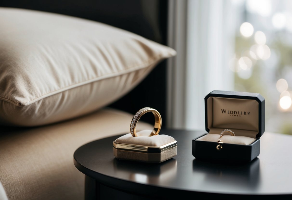 A wedding band placed on a bedside table beside a jewelry box, with a soft pillow in the background