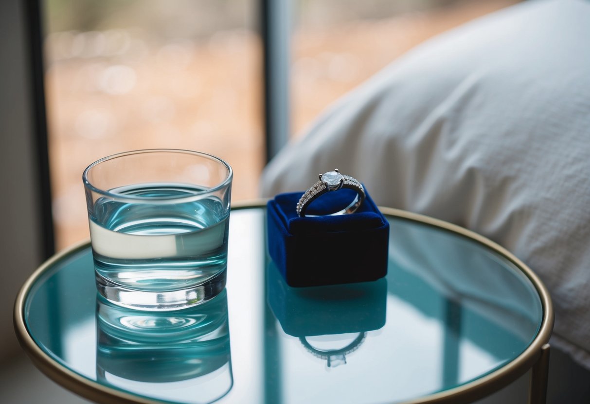 A bedside table with a wedding band resting on top, alongside a small jewelry box and a glass of water