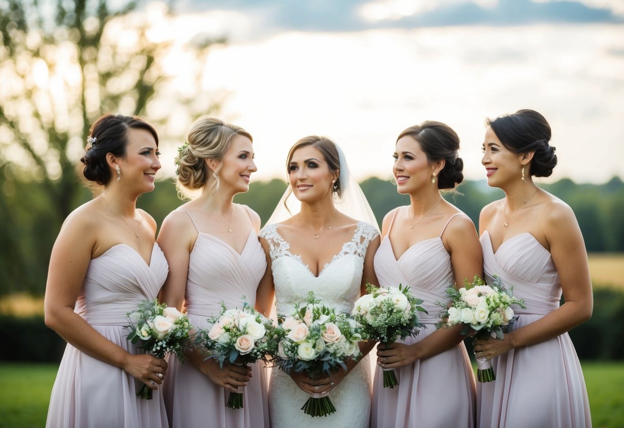 A group of bridesmaids standing together, one looking left out