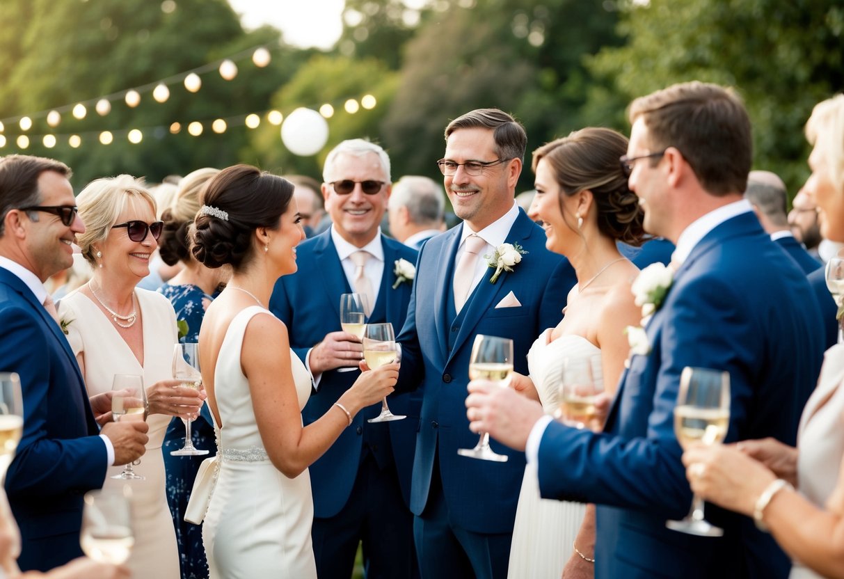 Guests mingle, clinking glasses. Parents stand together, beaming with pride. The bride and groom approach, introducing them to the crowd